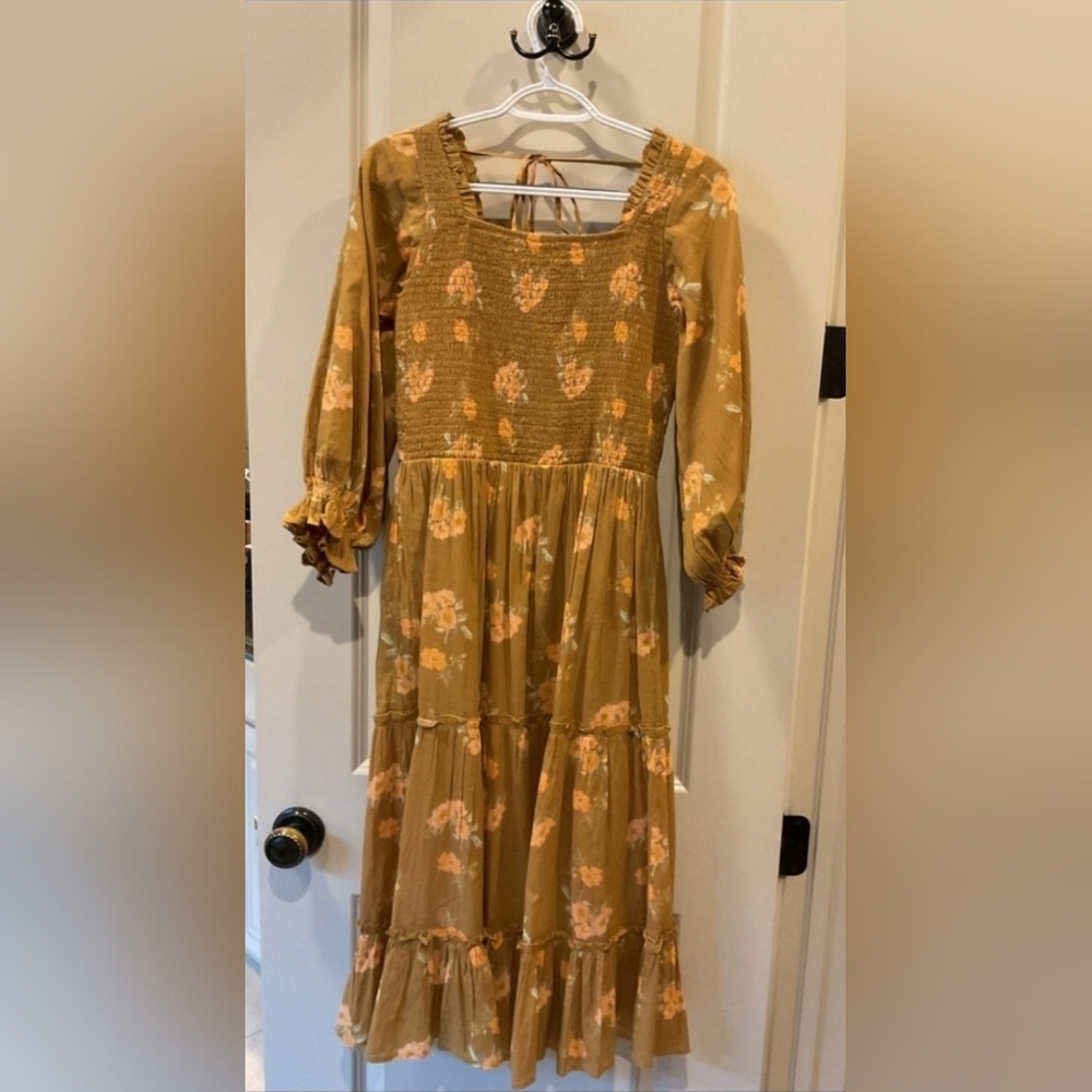Mustard Floral Midi Dress with Smocked Bodice
